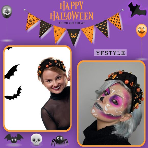 Halloween Headband Women Pumpkin Ghost Gothic Pearl Rhinestone Knotted Hairband - Picture 2 of 7